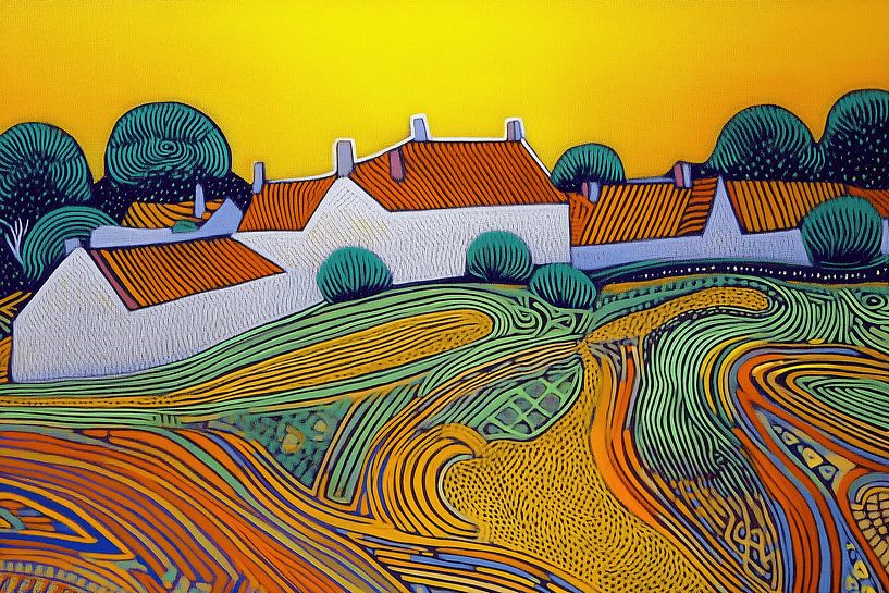Kleurrijk landschap in pointillistische stijl van Ton Kuijpers