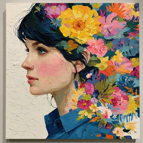 Bloemenpracht in Impasto – Kleurrijk Vrouwelijk Portret