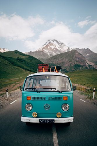 Volkswagen van in the Caucasus Mountains of Georgia | Travel Photography