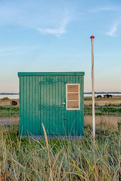 Groen strandhuisje op het eiland Aero in Denemarken van Ben De Kock