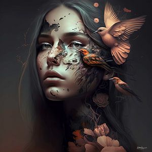 Mädchen gemischt mit Vogel