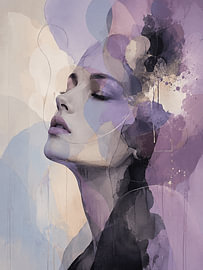 Portrait abstrait d'une femme en lavande, avec des formes botaniques et une texture dorée sur Alfonz