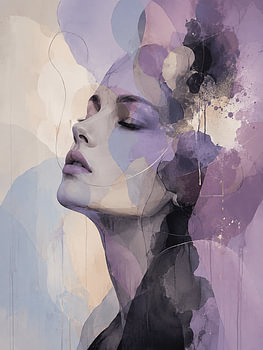 Abstract Lavender Woman Portrait with Botanical Shapes and Gold Texture