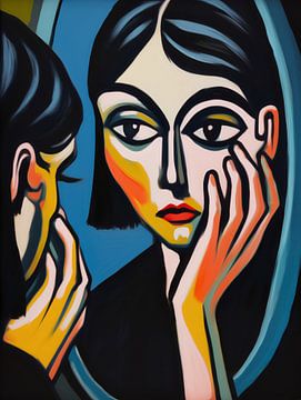 Jonge vrouw in een spiegel | expressionistisch schilderij van Frank Daske | Foto & Design
