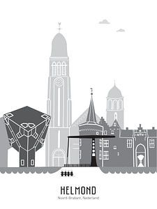 Skyline illustratie stad Helmond zwart-wit-grijs van Mevrouw Emmer