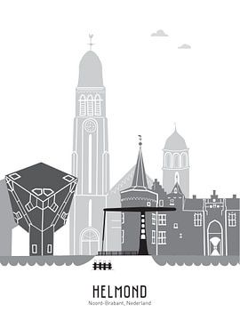 Illustration de la ligne d'horizon de la ville de Helmond noir-blanc-gris sur Mevrouw Emmer