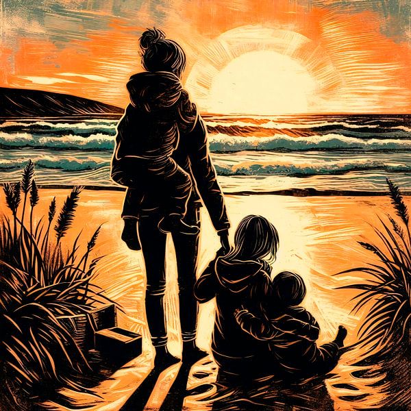 Mother and children on the beach by A.D. Digital ART