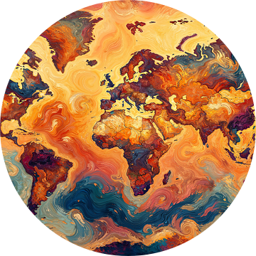 Impressionistische wereldkaart met intense kleuren.