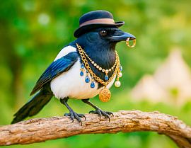 Eine Elster, übersät mit Schmuck und Edelsteinen von ArtMomente