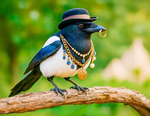 Eine Elster, übersät mit Schmuck und Edelsteinen