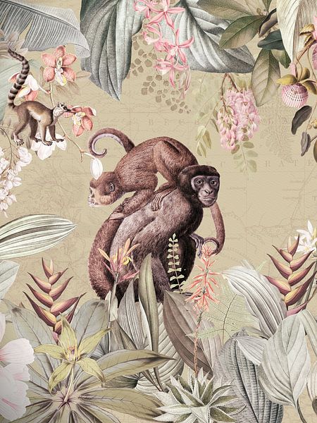 Exotische glückliche Affen in einem tropischen Dschungel von Floral Abstractions