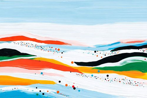 Paysage abstrait avec horizon, eau et champs colorés