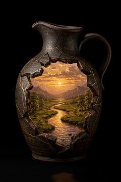Landscape in vase jug – cracked vase with river and sunset by Kleurenrijk