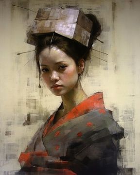 Portret "Geisha in rode tinten" van Carla Van Iersel