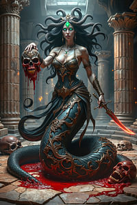 Dark Fantasy Wandbild: VARESSIA – Medusa mit den Totenköpfen ihrer Opfer