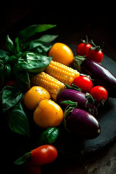 Colourful variety of vegetables on dark stone by Poster Art Shop