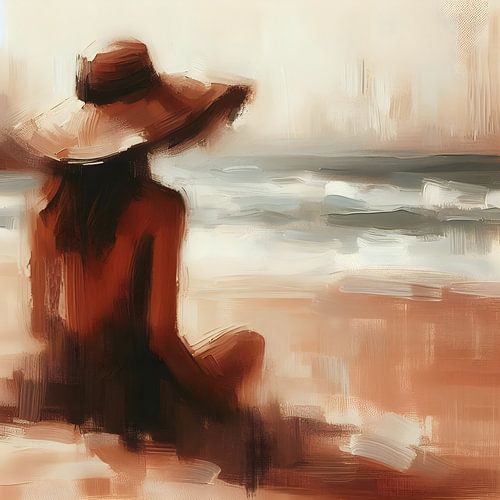 Aan de zee, vrouw met hoed