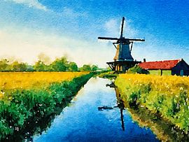 Illustration of a Dutch landscape with windmill by The Photo Artist