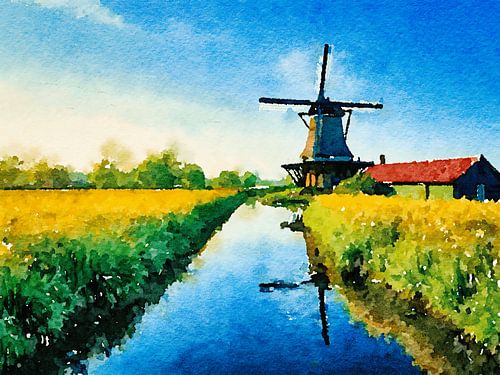 Illustratie van een Nederlands landschap met molen