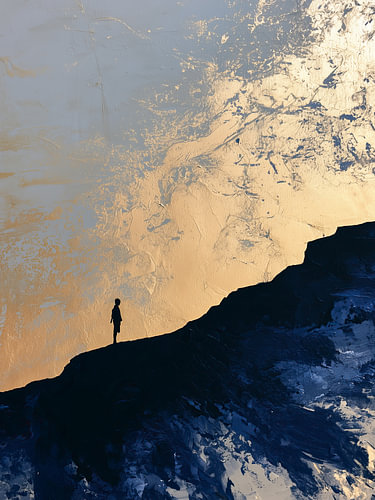 A lone walker in a golden mountain landscape