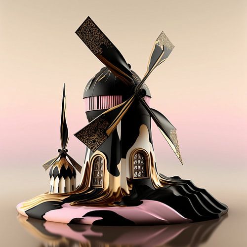 Vlaamse molen papier roze zwart goud wit surrealistisch