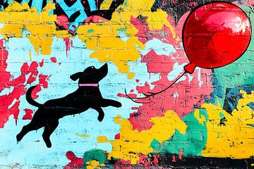 Speelse hond en rode ballon van Art & Soul Creations