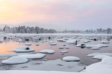 Spectaculair winters landschap met pastel kleuren in Zweeds Lapland van Krijn van der Giessen