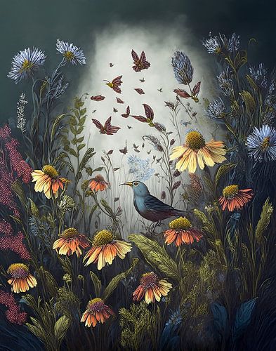 Prairie fleurie avec oiseau