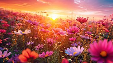Sommerfeld mit Cosmea-Blüten bei Sonnenuntergang von Vlindertuin Art