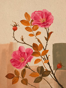Herbst-Stillleben: Botanische Rosen mit Hagebutten