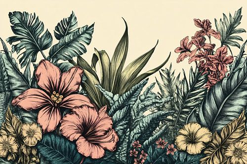 Vintage tropische bloemen en bladeren
