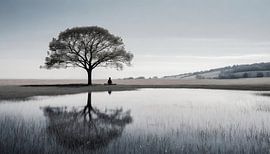 Zwart-wit landschap met een boom