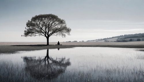 Schwarzweiß Landschaft mit einem Baum