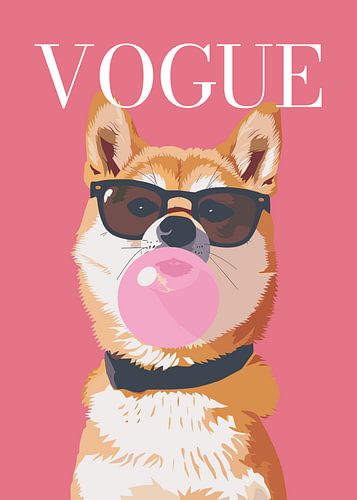Stylish wearing sunglasses blowing pink bubble gum vogue poster