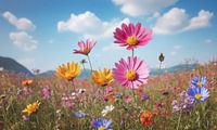Een bloemenveld met een blauwe lucht op de achtergrond