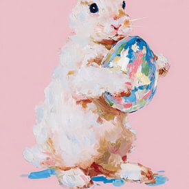 Lapin de Pâques avec œuf coloré sur fond rose sur But First Framing