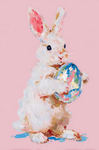 Easter bunny with colourful egg on pink background by But First Framing