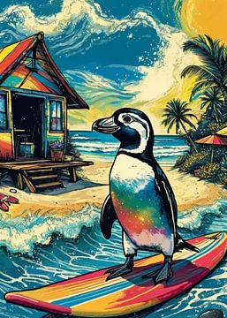 Surfende pinguïn op tropisch strand van MIROKKU