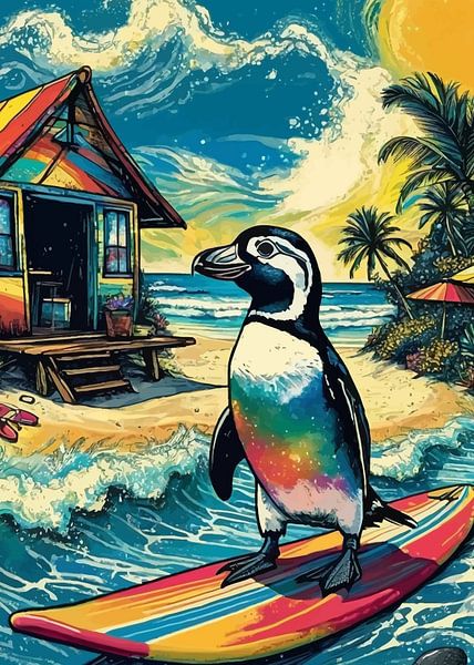 Surfender Pinguin am tropischen Strand von MIROKKU
