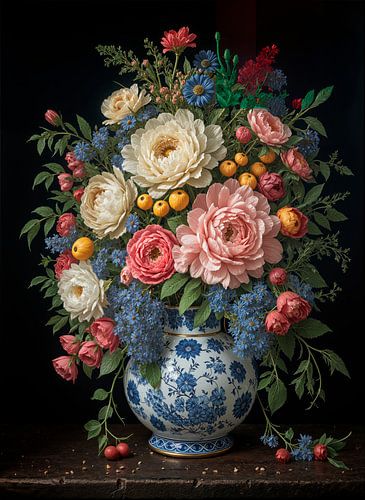 Barockes Stilleben: Blumenarrangement auf einer Vase aus Delfter Keramik
