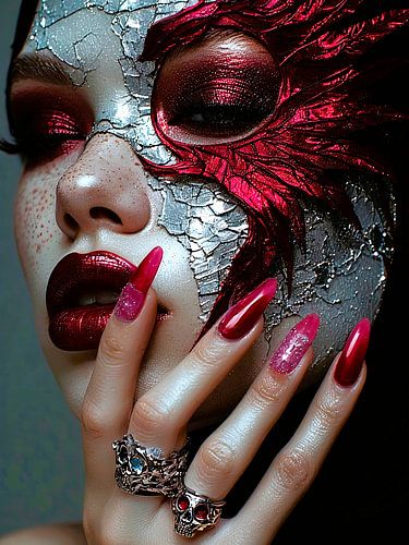 Schoonheid in karmozijnrode en zilveren metamorfose