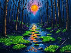 Sérénité au clair de lune : Un ruisseau de forêt mystique baigné par les teintes dorées du crépuscule