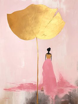 Japandi, Frau und Lotusblume in Rosa und Gold