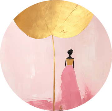 Japandi, Vrouw en Lotus bloem in Roze en Goud