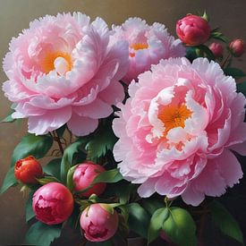 Eine rosa Pfingstrose mit Blättern und Knospen. von J.a Dijkstra