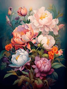 Elegantes Blumenstillleben mit Pfingstrosen im neoromantischen Stil