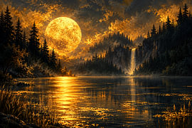 Gemälde „Goldener Mond“ mit einem Reh im Wald von AiArtLand