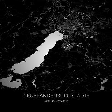 Zwart-witte landkaart van Neubrandenburg Städte, Mecklenburg-Vorpommern, Duitsland. van Rezona