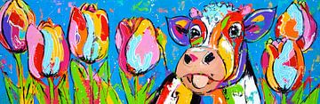 The calf and the tulips | Panorama by Vrolijk Schilderij