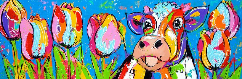 Das Kalb und die Tulpen | Panorama von Vrolijk Schilderij